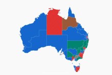 The map shows each electorate in Australia colour coded by outcome.