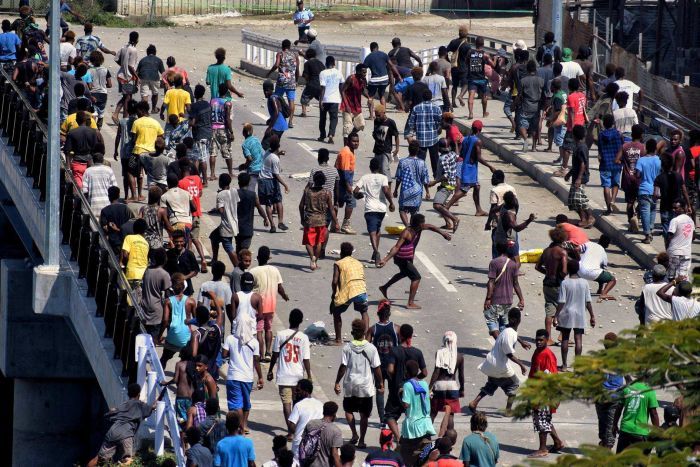 A crowd of protesters on the newly opened China Town bridge in Honiara.