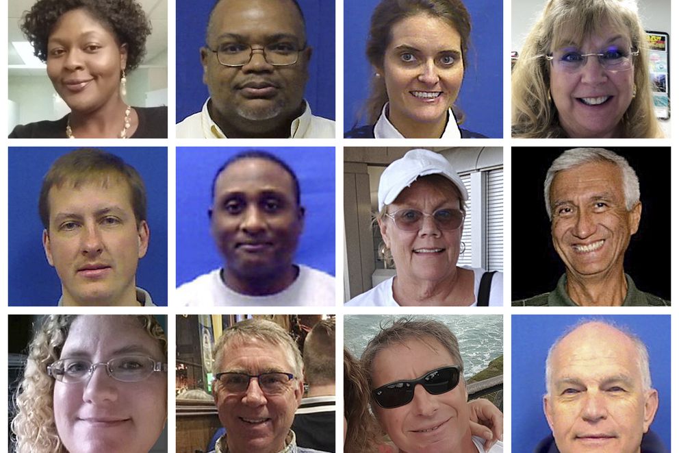 This combination of photos provided by the City of Virginia Beach on Saturday, June 1, 2019 shows victims of Friday's shooting at a municipal building in Virginia Beach, Va. Top row from left are Laquita C. Brown, Ryan Keith Cox, Tara Welch Gallagher and Mary Louise Gayle. Middle row from left are Alexander Mikhail Gusev, Joshua A. Hardy, Michelle 