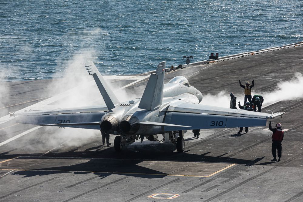 A F/A-18 Super Hornet prepares to take off on Wednesday, May 23, 2019 from the USS Theodore Roosevelt Nimitz-class aircraft carrier in the Gulf of Alaska south of Seward. The fighter jets are launched with the help of a steam-powered catapult, which can accelerate a 66,000 pound aircraft like a fully-loaded Super Hornet from 0-150 mph in under three seconds. (Loren Holmes / ADN)