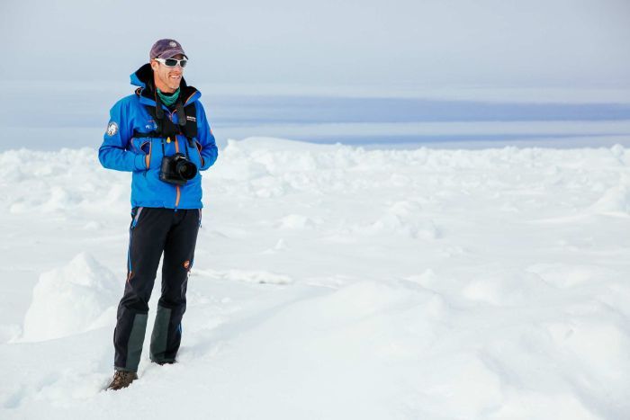 Dr Andrew Peacock on the ice in Antarctica.