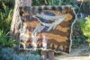 A Budbili, or possum skin cloak, is held up in a garden, showing the painted whale design.