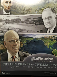 LaRouchePAC magazine cover shows images of Lincoln, Franklin Roosevelt, and LaRouche with headline, "The Last Chance for Civilization?"