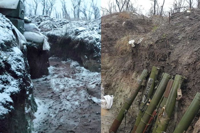 Picture showing the same trench in snowfall and dry.