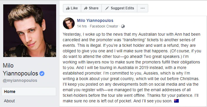 Milo Yiannopoulos Facebook post.