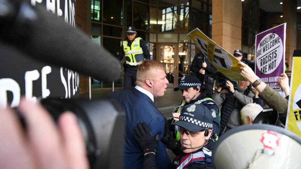 United Patriot Front's Blair Cottrell, who attended the meeting on Sunday, is pictured outside a Melbourne court last year.