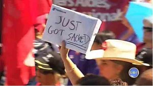 An unlucky participant at the September 12 rally in Brisbane - one of thousands being laid off from the public sector in an austerity drive resembling those occurring across Europe.