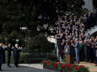 President Trump, Speaker of the House Paul Ryan and Vice President Pence arrive to speak about tax reform legislation during an event on December 20, 2017, in Washington, D.C.