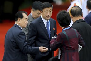 North Korean top representative for U.S. affairs, Kim Hyok Chol, center, is seen at the Dong Dang railway station in Dong Dang, Vietnam, Tuesday, Feb. 26, 2019