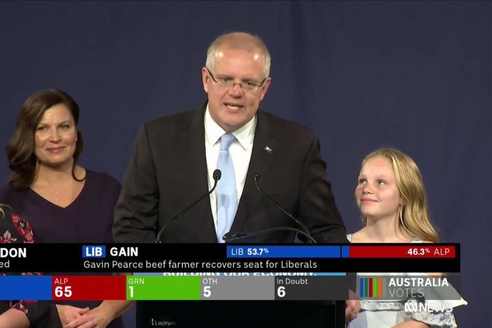 Scott Morrison speaks during his victory speech