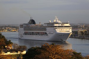 In this Feb. 4 2016 photo the MSC Opera cruise ship leaves the harbor in Havana, Cuba.