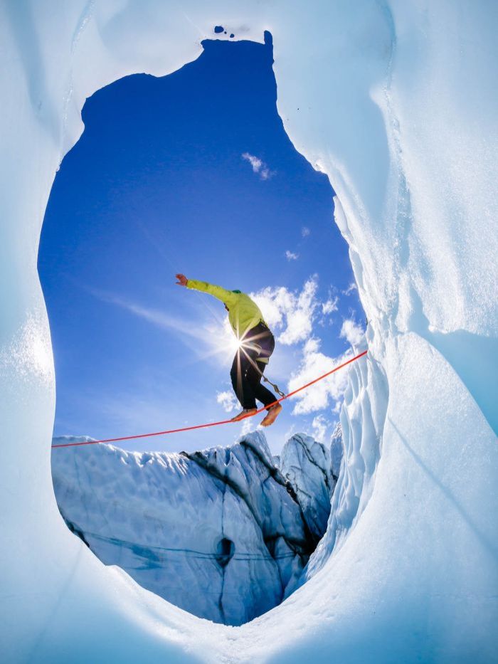 Barefoot slack-lining in Alaska