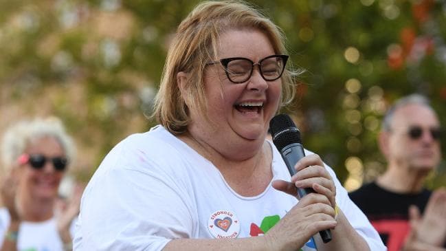 Actor and comedian Magda Szubanski addresses the crowd at a street party following the announcement of the same-sex marriage vote result in Sydney. Picture: AAP Image/Dan Himbrechts.