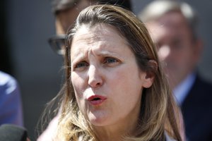 Canada's Foreign Affairs Minister Chrystia Freeland speaks to the media during a break in trade talk negotiations at the Office of the United States Trade Representative, Thursday, Aug. 30, 2018, in Washington