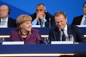 File - Angela Merkel and Donald Tusk at EPP Congress in Bucharest 2012