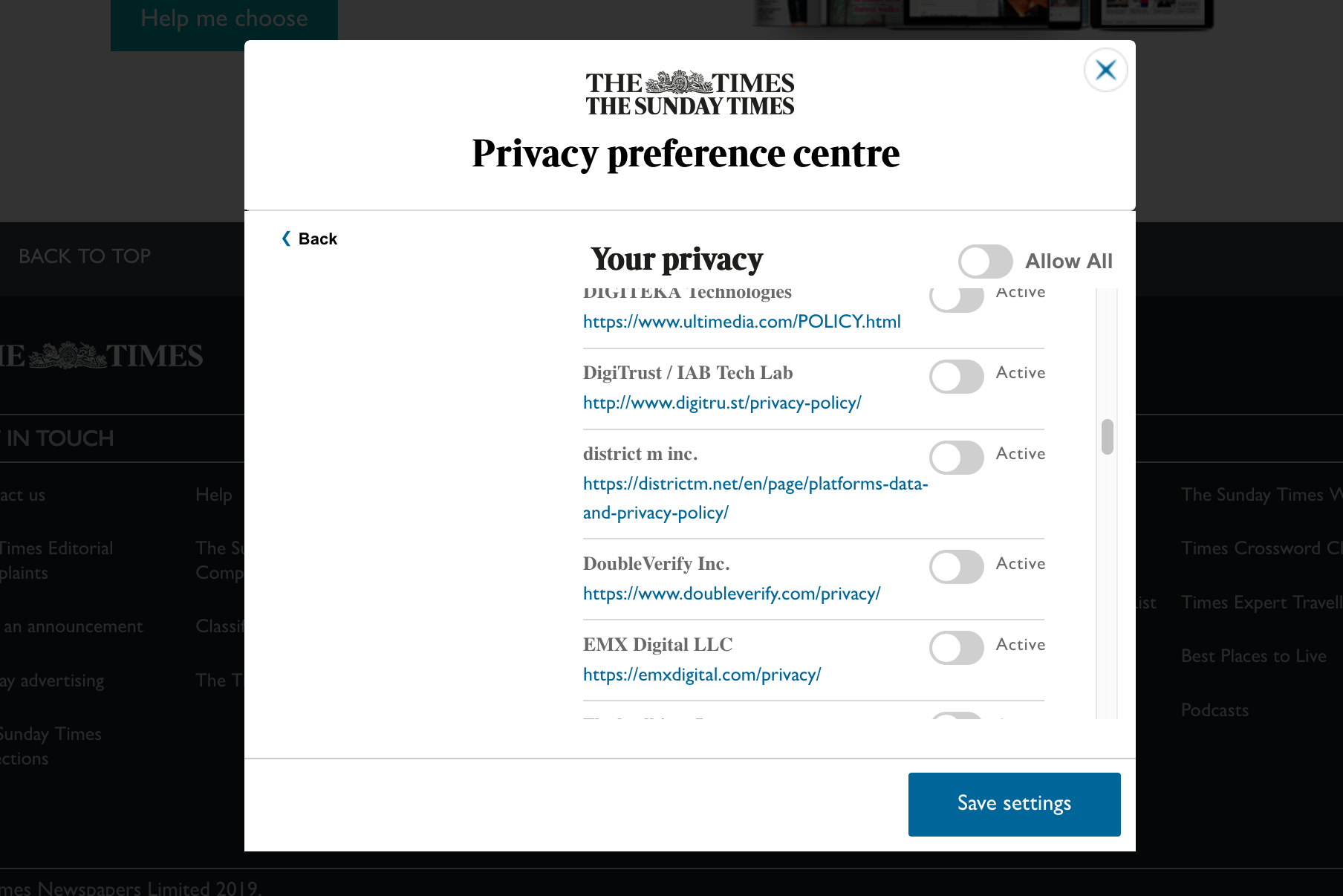 Privacy Preference Centre Dialog at The Times of London