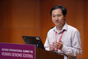 In this Wednesday, Nov. 28, 2018 file photo, He Jiankui speaks during the Human Genome Editing Conference in Hong Kong. On Tuesday, April 17, 2019, Stanford University said they had cleared three faculty members of any wrongdoing in dealings with He who claims to have helped make the world's first gene-edited babies. (AP Photo/Kin Cheung, File)