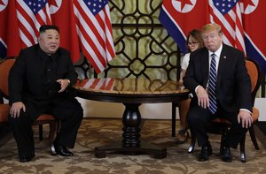 President Donald Trump meets North Korean leader Kim Jong Un, Thursday, Feb. 28, 2019, in Hanoi. (AP Photo/ Evan Vucci)  President Donald Trump has lunch with North Korean leader Kim Jong Un, Thursday, Feb. 28, 2019, in Hanoi. (AP Photo/ Evan Vucci) President Donald Trump and North Korean leader Kim Jong Un take a walk at the Sofitel Legend Metropole Hanoi hotel, Thursday, Feb. 28, 2019, in Hanoi. (AP Photo/ Evan Vucci) President Donald Trump and North Korean leader Kim Jong Un participate in a signing ceremony, Thursday, Feb. 28, 2019, in Hanoi. (AP Photo/ Evan Vucci) President Donald Trump speaks during a news conference after a summit with North Korean leader Kim Jong Un, Thursday, Feb. 28, 2019, in Hanoi. (AP Photo/ Evan Vucci)