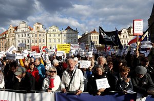 Protesters gather at the Old Town Square in Prague, Czech Republic, Monday, May 6, 2019