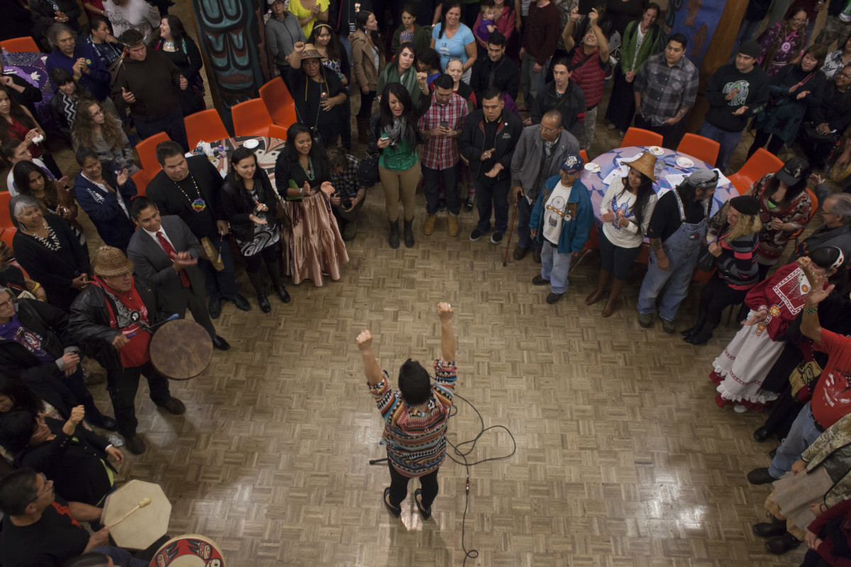 Rene Roman Nose addresses the crowd during a celebration marking Indigenous Peoples' Day at the Daybreak Star Cultural Center on October 13, 2014 in Seattle, Washington. Earlier that afternoon, Seattle Mayor Ed Murray signed a resolution designating the second Monday in October to be Indigenous Peoples' Day. (David Ryder / Getty Images)