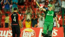 Ireland's Kevin O'Brien celebrates a century against England at the 2011 Cricket World Cup