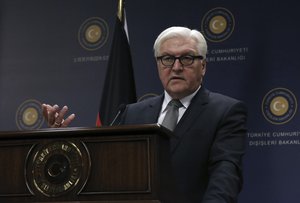 German Foreign Minister Frank-Walter Steinmeier speaks to the media during a joint news conference with Turkish Foreign Minister Mevlut Cavusoglu in Ankara, Turkey, Tuesday, Nov. 15, 2016.