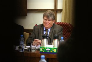 Deputy Director General of the International Atomic Energy Agency (IAEA) Olli Heinonen, attends a meeting with Iranian top Iranian nuclear negotiator, Javad Vaeedi, unseen, in Tehran, Iran, on Monday Oct. 29, 2007.