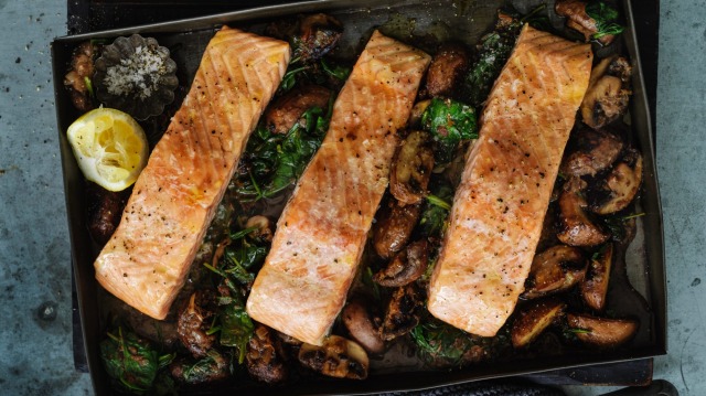 Speedy salmon on a bed of garlicky mushrooms and spinach.