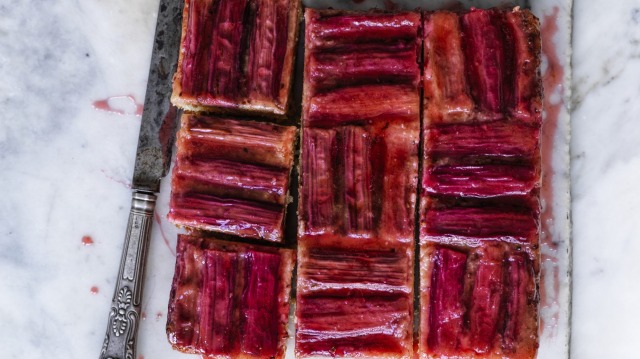 Helen Goh's upside-down cake decorated with alternating rhubarb stalk stripes.