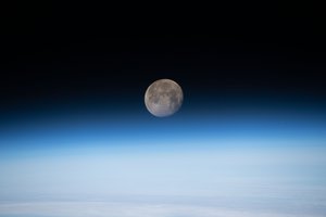 21 April 2019, The moon is photographed in its waning gibbous phase just above the Earth's limb as the International Space Station orbited 258 miles above the North Atlantic Ocean just off the Canadian-American coast.