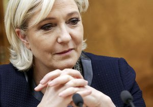 French far-right presidential candidate Marine Le Pen, left, listens to Vyacheslav Volodin during their meeting in the Lower House of the Russian Parliament in Moscow, Russia, Friday, March 24, 2017.