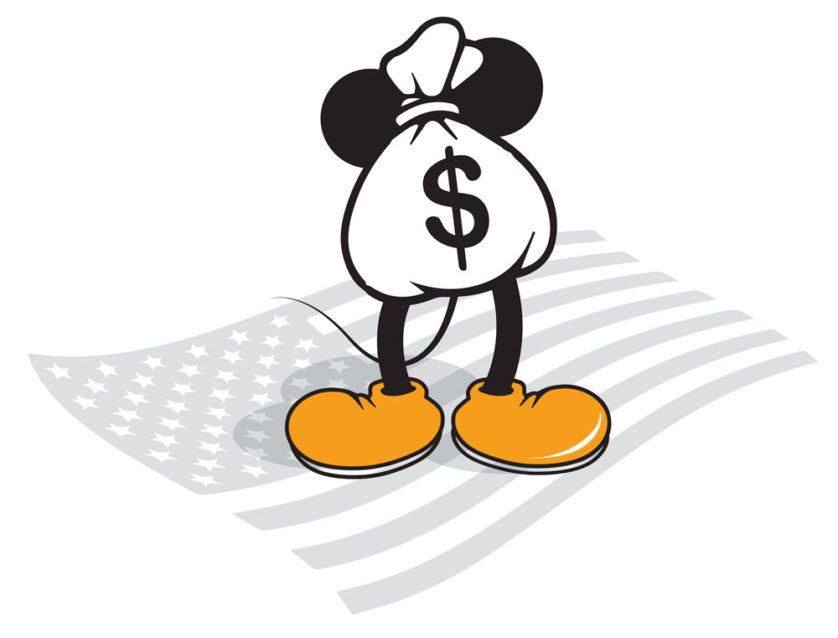 A bag of money with Mickey Mouse-like ears stands on the American flag.
