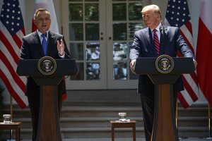 Polish President Andrzej Duda speaks during a news conference with President Donald Trump in the Rose Garden of the White House, Wednesday, June 12, 2019, in Washington. (AP Photo/Evan Vucci)