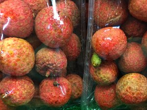 Pre-packed lychee fruits sold at a store. Taken on January 2016.