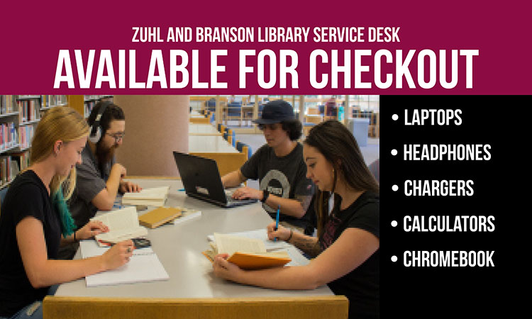 Image showing people sitting at a take using laptops, headphones and other equipment they could check out at the library service desk