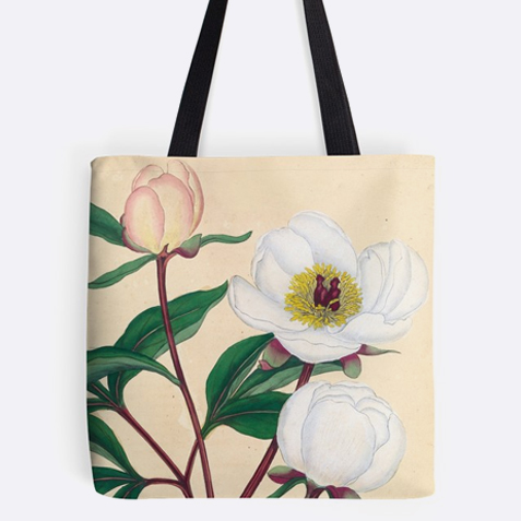 A tote bag with an illustration of peonies