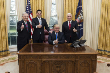 President Donald J. Trump celebrates the passage of the Tax Cuts Act with Vice President Mike Pence, Senate Majority Leader Mitch McConnell, and Speaker of the House Paul Ryan | December 20, 2017 (Official White House Photo by Joyce N. Boghosian)
