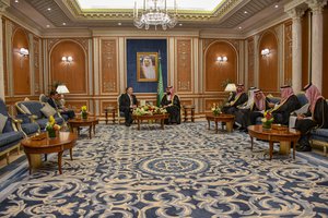 File - Secretary of State Michael R. Pompeo meets with Saudi Crown Prince Mohammed bin Salman, in Riyadh, Saudi Arabia, on October 16, 2018.