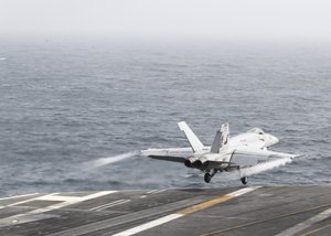 ARABIAN SEA (June 17, 2019) An F/A-18E Super Hornet from the "Sidewinders" of Strike Fighter Squadron (VFA) 86 launches from the flight deck of the Nimitz-class aircraft carrier USS Abraham Lincoln (CVN 72).