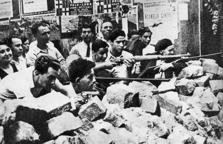 Workers' barricade in revolutionary Barcelona