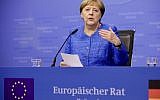 German Chancellor Angela Merkel speaks during a media conference at the end of an EU summit in Brussels on June 21, 2019. EU leaders concluded a two-day summit on Friday in which they discussed, among other issues, the euro-area. (AP/Olivier Matthys)