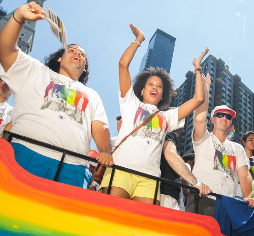 People on a float at the NYC Pride Parade