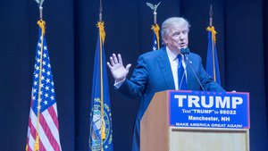 Donald Trump at a campaign rally in New Hampshire, ahead of the February 2016 New Hampshire primaries, 8 February 2016.