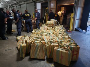 File - U.S. Customs and Border Protection and Homeland Security Investigations led a multi-agency inspection of the MSC Gayane that resulted in the seizure of about 35,000 pounds of cocaine discovered in seven shipping containers June 17, 2019. The cocaine seizure is a CBP record.