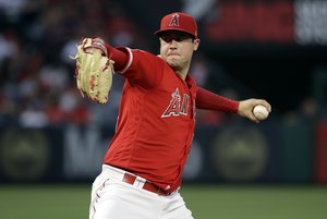 Los Angeles Angels starting pitcher Tyler Skaggs throws to the Oakland Athletics during a baseball game Saturday, June 29, 2019, in Anaheim, Calif.