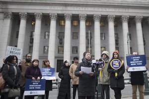 In this Nov. 27, 2018, file photo, Elizabeth OuYang, coordinator of New York Counts 2020, speaks during a news conference outside the Thurgood Marshall United States Courthouse.