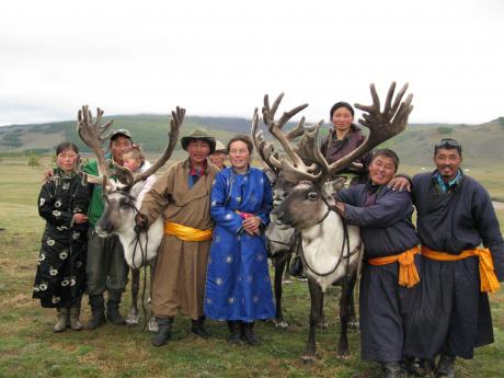 Tsaatan guides with their wives, children, and reindeer, Darkhad Valley, northern Mongolia, Sept 2009. Credit: Paula DePriest