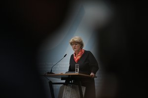 Minister of State and Government Commissioner for Culture and the Media Monika Gruetters delivers her speech during the presentation of a report about the inheritance of late German art collector Cornelius Gurlitt by a Taskforce for provenance research in Berlin, Thursday, Jan. 14, 2016.