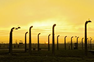 Sunset falls on at Auschwitz II - Birkenau Concentration Camp.