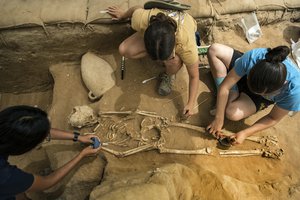 This Tuesday, June 28, 2016 photo shows archeologist excavating an ancient Phillstine cemetery near Ashkelon, Israel. In the bible, the Philistines are depicted as the ancient Israelites’ archenemy, a foreign people who migrated from lands to the west and settled in five main cities in Philistia, in today’s southern Israel and the Gaza Strip. The most famous Philistine was Goliath, the fearsome warrior who was slain by a young King David. (AP Photo / Tsafrir Abayov)